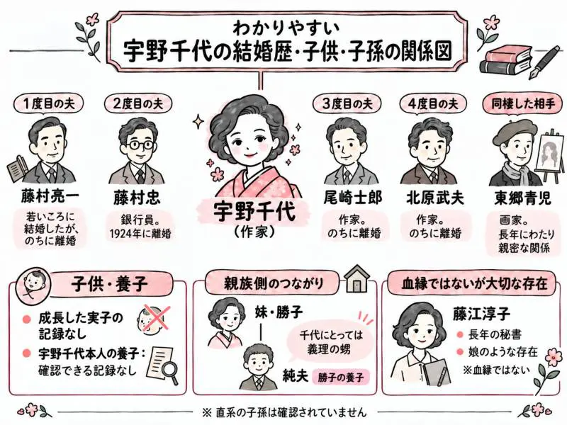 宇野千代の結婚歴と家族関係図