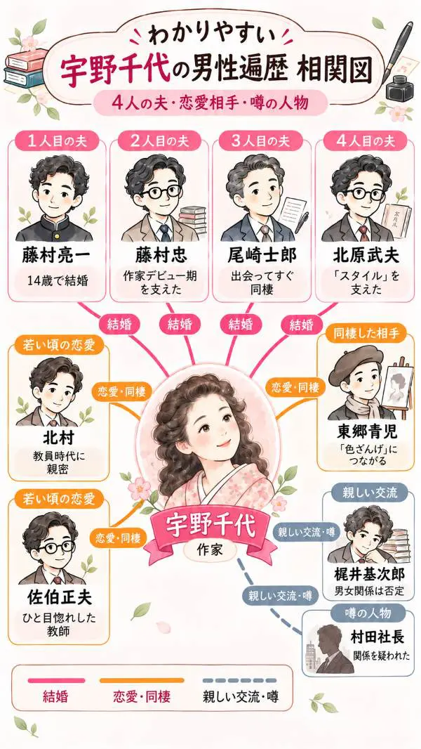 宇野千代の男性遍歴相関図